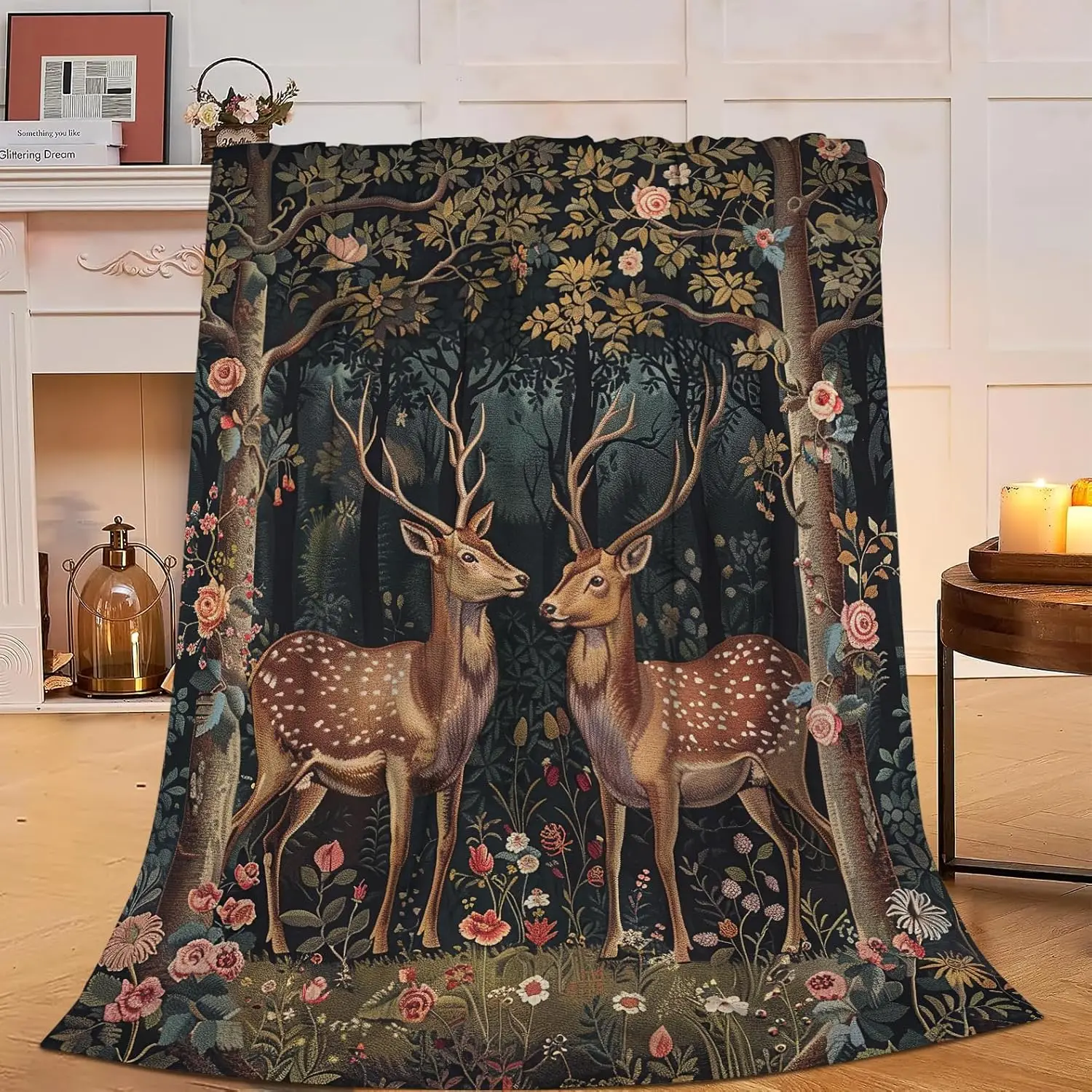 Rustic Deer Print Fleece Throw Blanket, Mid-Century Gift for Nature Lovers,Cozy Cabin Decor for Bedroom Couch,Soft Plush Blanket