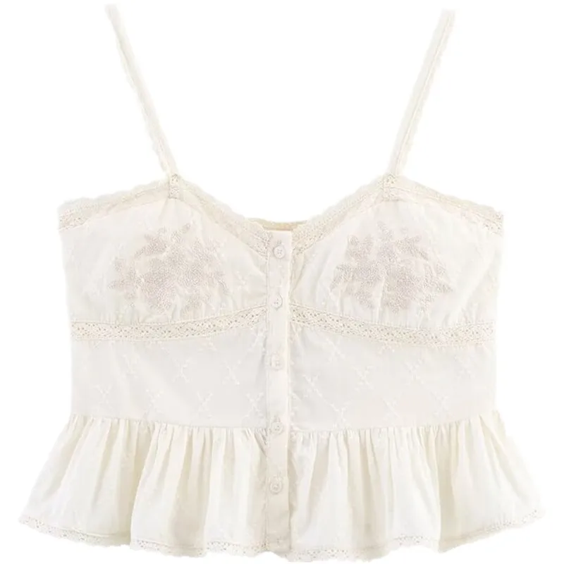 

Faionable Embroidered Lace Trim Casual Top Women's Summer New Arrival 2025 Sweet Sle Slim Fit ort Length Single Button