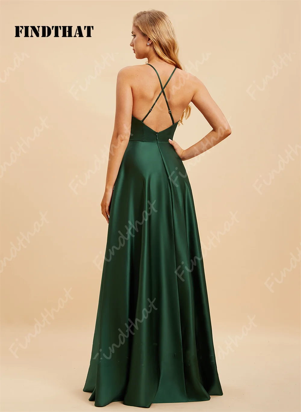 Findthat Sexy Green Halter Sleeveless Satin Bridesmaid Dresses 2024 Cross Backless A-Line With Slit Prom Party Gown Floor Length