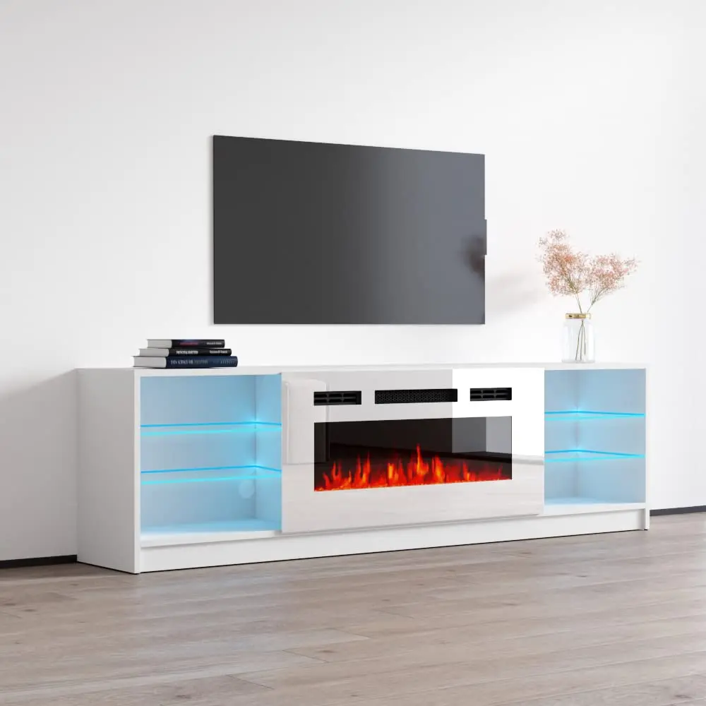High Gloss Electric Fireplace TV Stand With LED Storage Modern Media Console White 79
