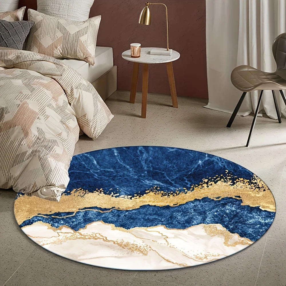 Luxurious Golden and Blue Marble Round Area Rug Non-Slip Soft Decorative Floor Mat for Living Room Bedroom Office Dining Room