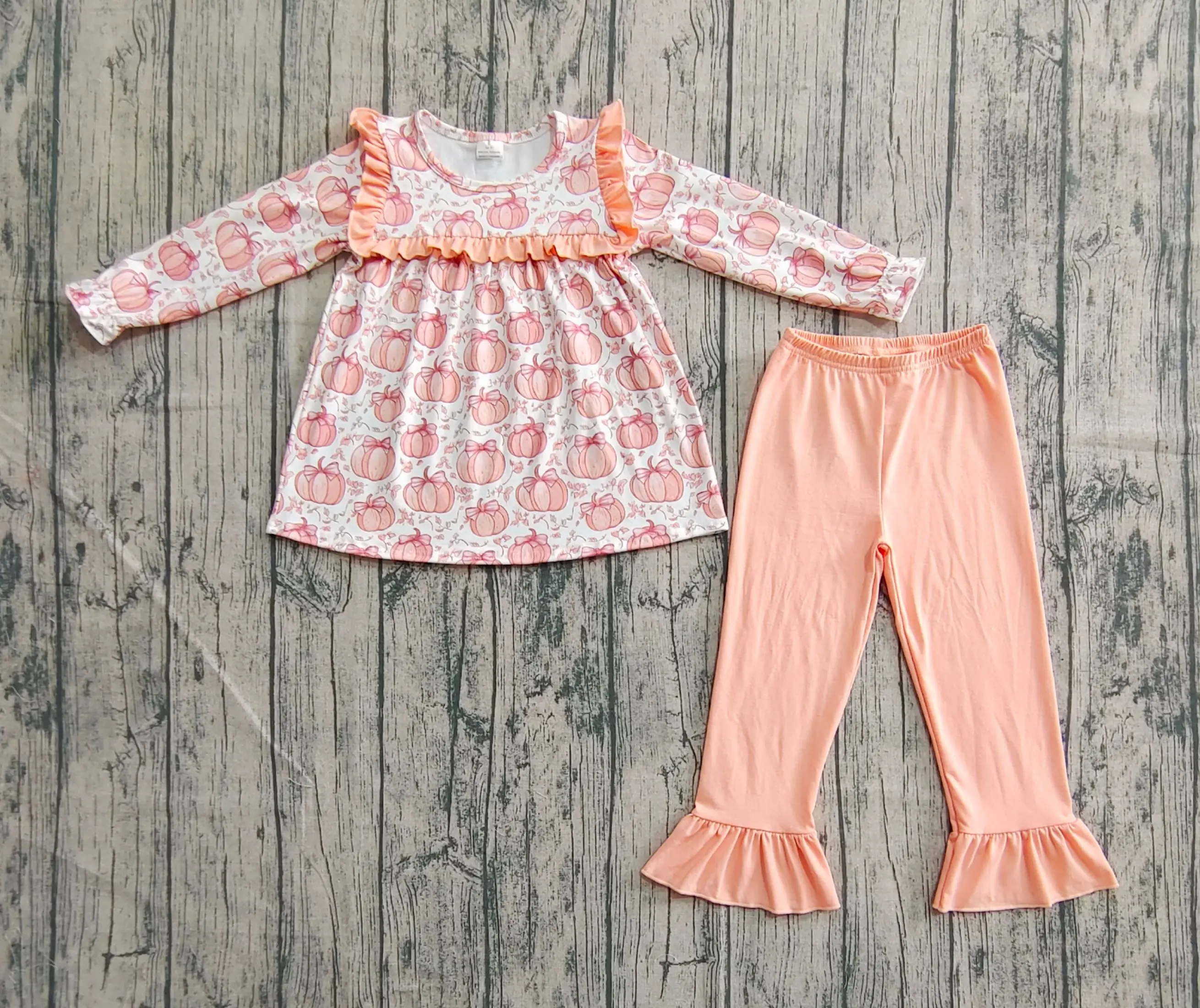 Wholesale Toddler Thanksgiving Set Baby Girl Long Sleeves Pumpkins Bows Tunic Outfit Cotton Pants Children Kids Fall Clothing