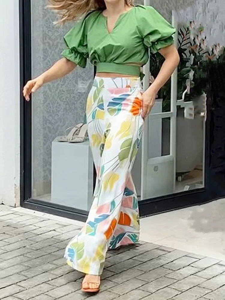 

Two Piece Sets Office Women Casual Outfits Short Puff Sleeve Tops And Wide Leg Pants Sets Print High Waist Pocket Trousers Suits