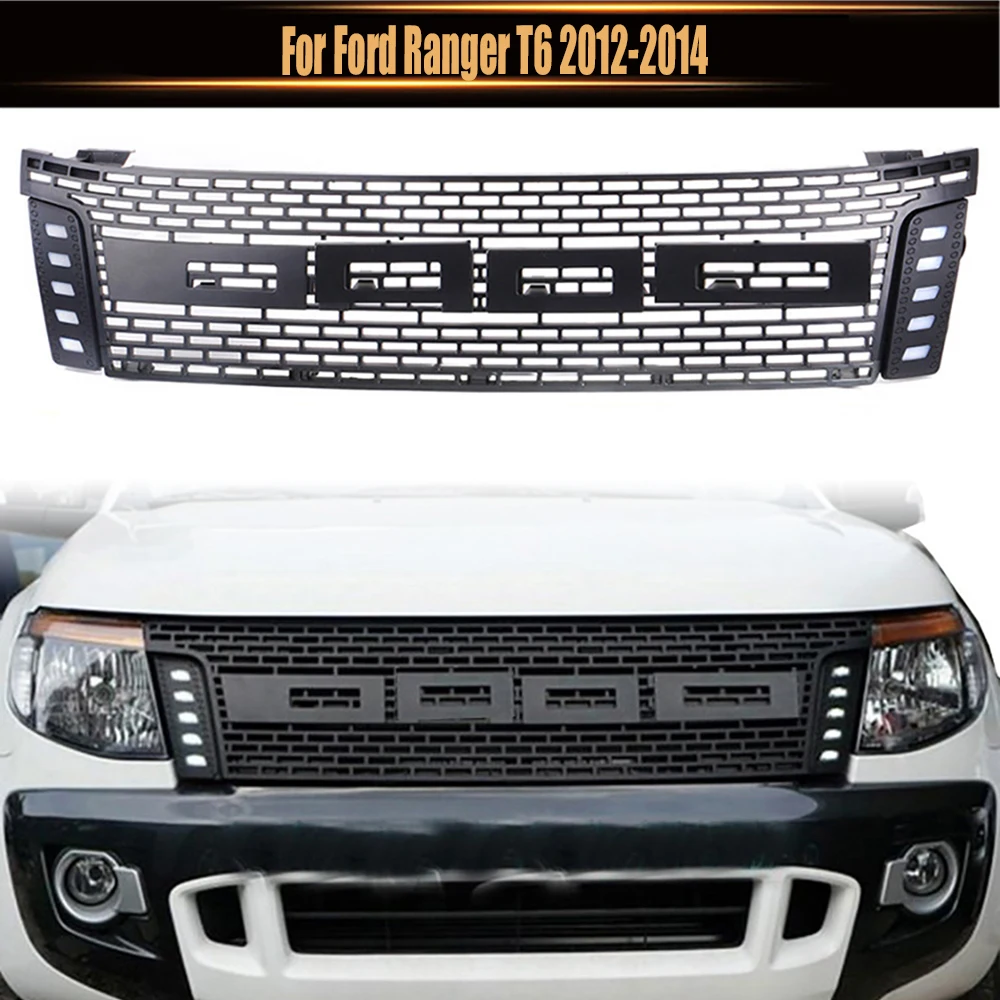 

Car Modified Grilles Fit For Ford Wildtrak Ranger T6 Grill Racing Grills Mesh Front Bumper Mask With LED DRL 2012-2014 Pickup