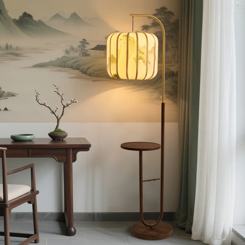 Japanese Retro Wooden Integrated Storage Rack Floor Lamp LED Living Room Office Bedroom Teahouse Study Homestay Standing Lights