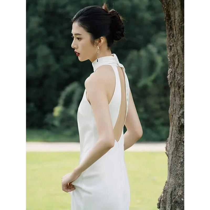 

Halter Neck Mermaid Light Wedding Dress French Simple Satin Backless New Bride Outing Gown Socialite Banquet Evening Dress