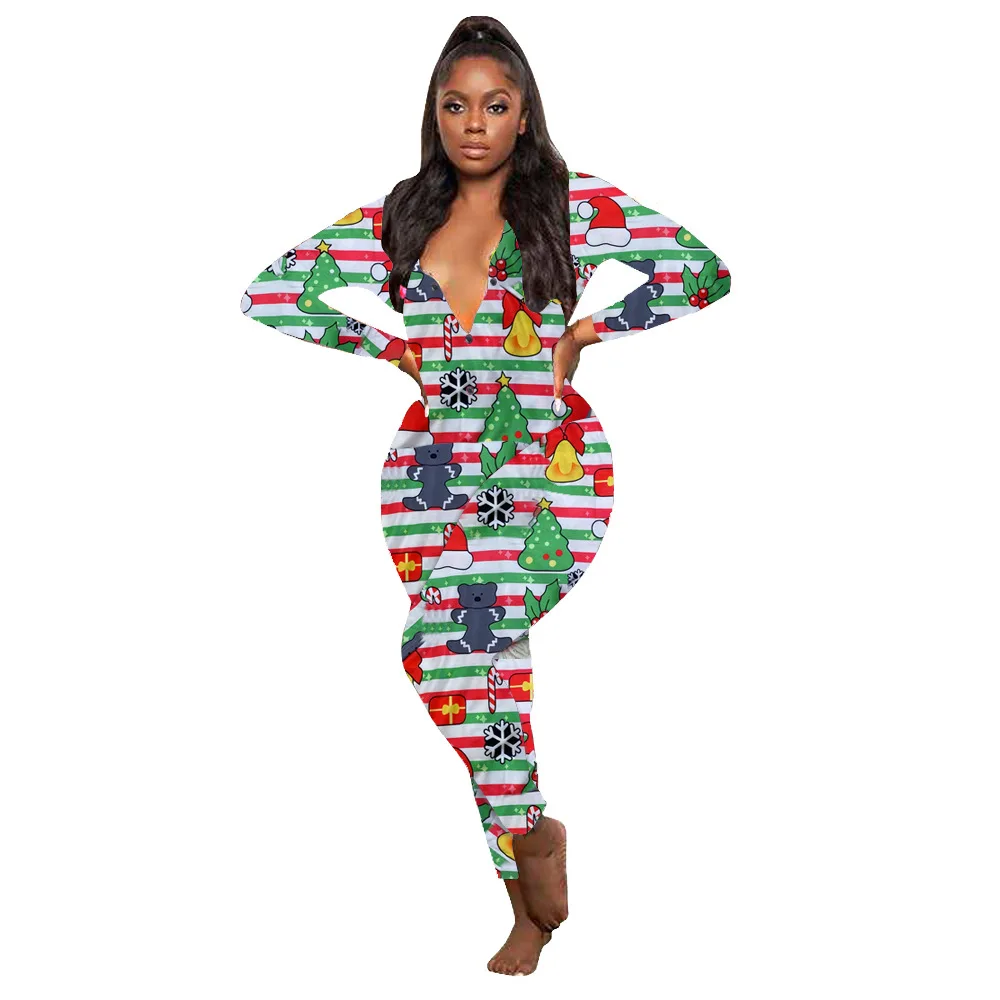 Cute Christmas Design Women Printing Jumpsuit Pajamas Sexy Deep V-Neck Romper Teen Girls Sexy Bodysuit Adult Nightgown Onesies