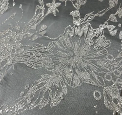 Fabric with Glitter For Wedding Dress NEW Design Big Florals Elegant Lace with Glitters Shiny 1 Meter