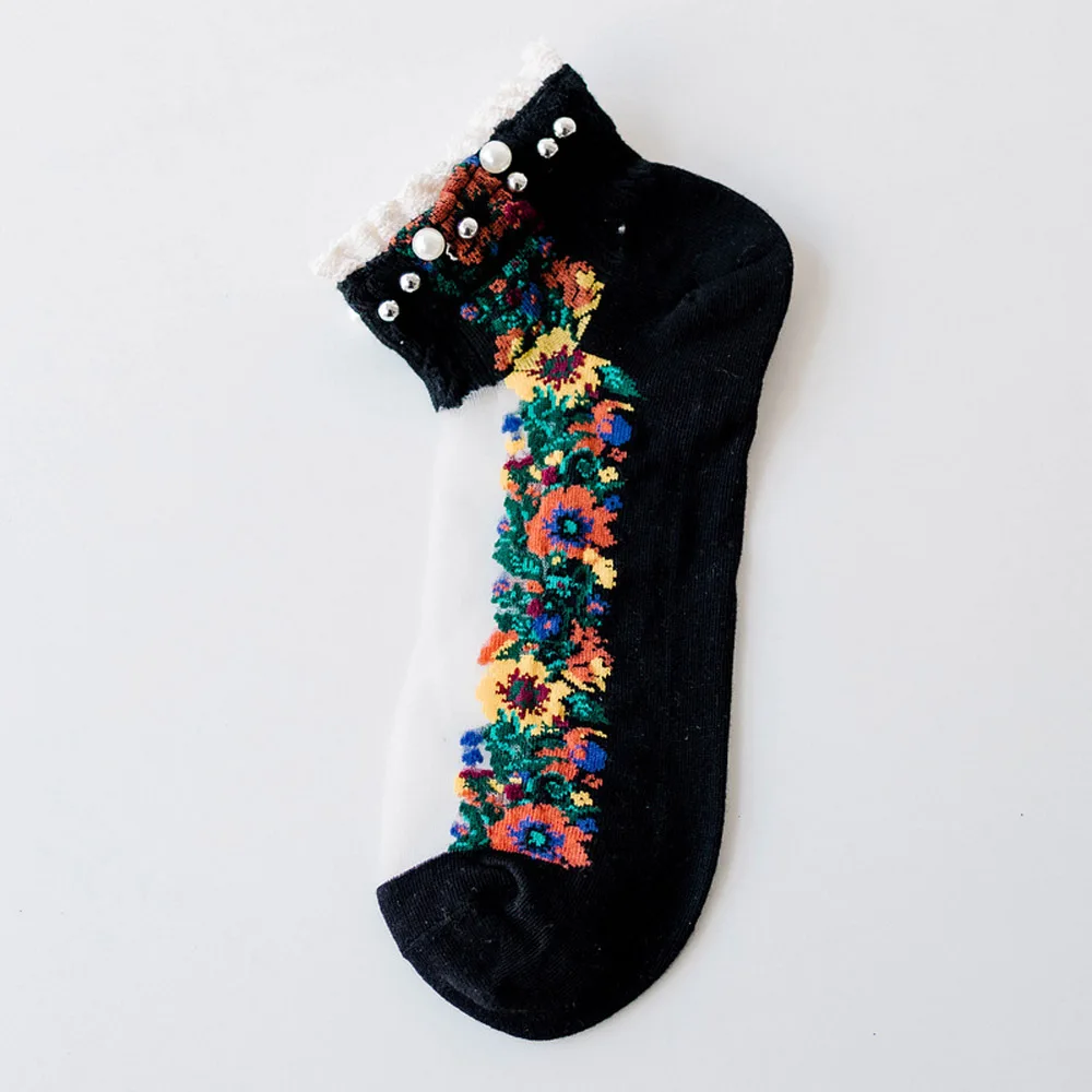 

Transparent Cute Mesh Pearl Shallow Mouth Spring Embroidery Flowers Socks Boat Socks Short Socks Hosiery