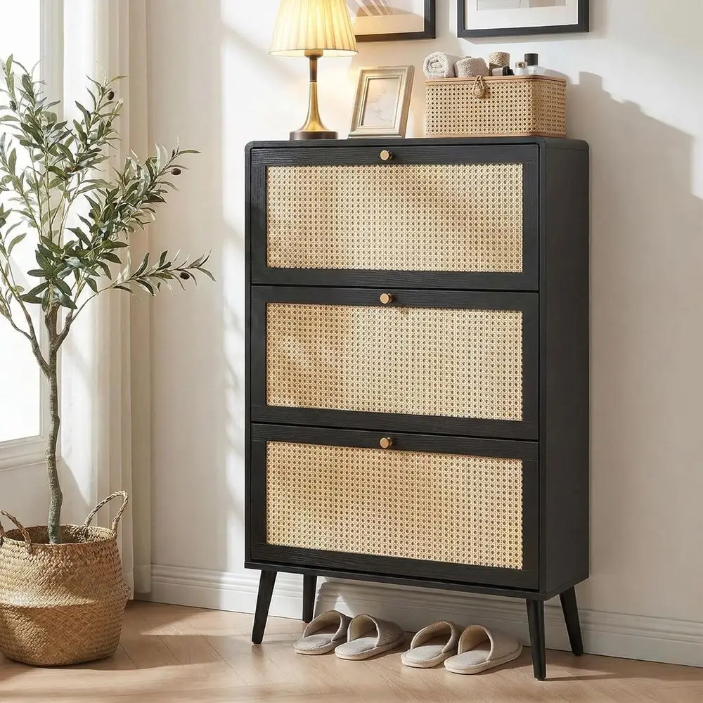 

24-Pair Black Rattan Shoe Cabinet with 3 Doors and Adjustable Shelves for Stylish Entryway Storage