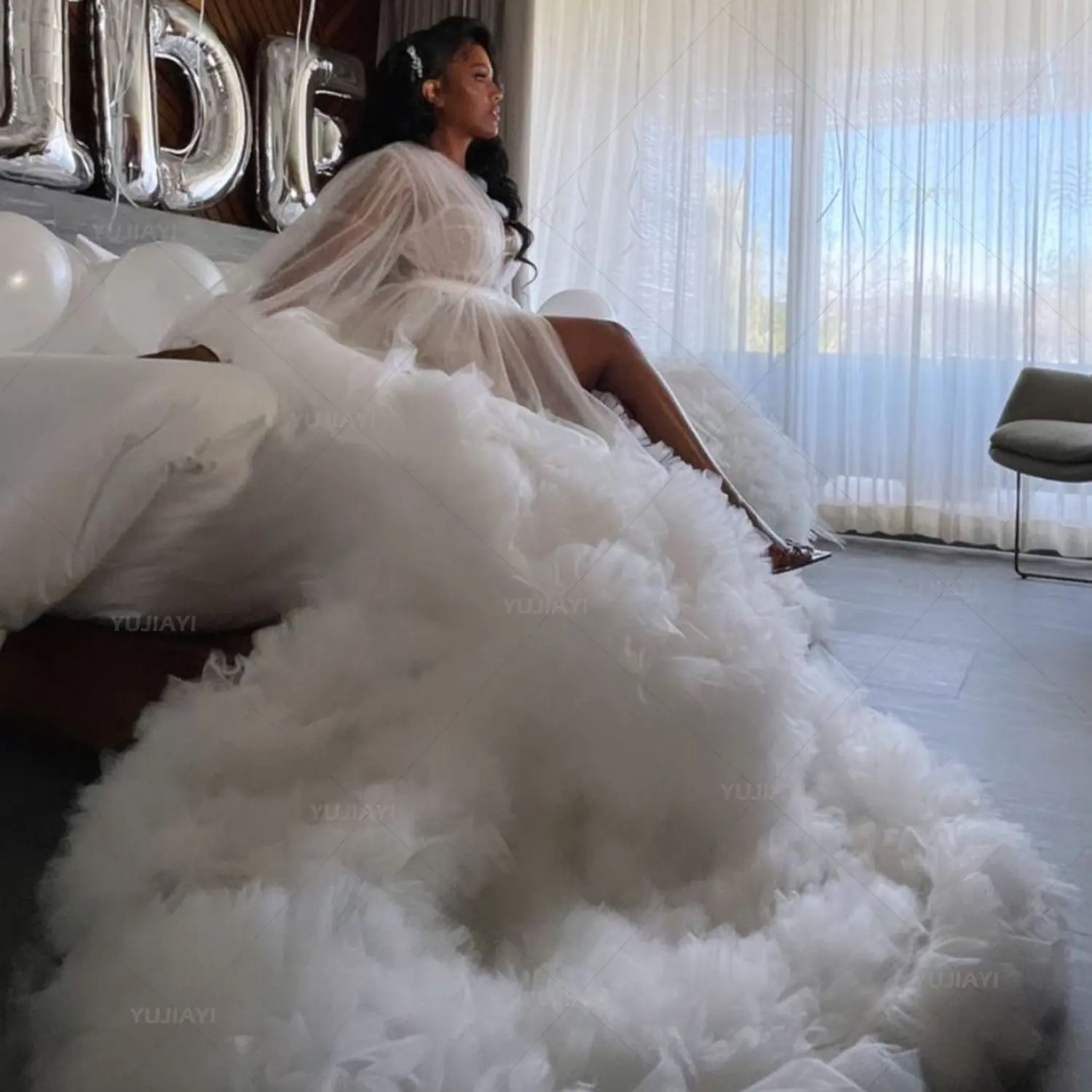Biała suknia ślubna Ruffles Puffy Tulle sukienka ciążowa do sesji zdjęciowej kobiety Prom ubrania imprezowe ciąża szata bielizna nocna bielizna nocna