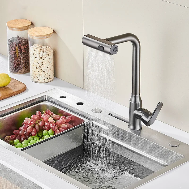 

Four Function Stream Sprayer Pull Out Kitchen Sink Mixer Tap Single Hole 360 Degree Rotatable Hot Cold Water Faucet