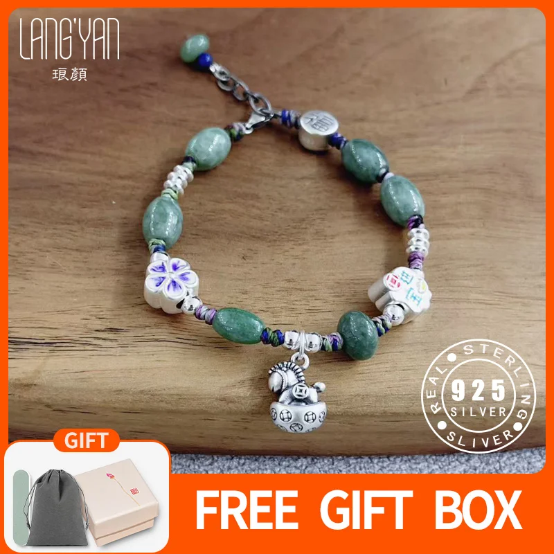 

Langyan Natural Jadeite Beaded Bracelet for Women Girls Chinese Style 925 Sterling Silver Flower Jewelry New Year Fortune Gift