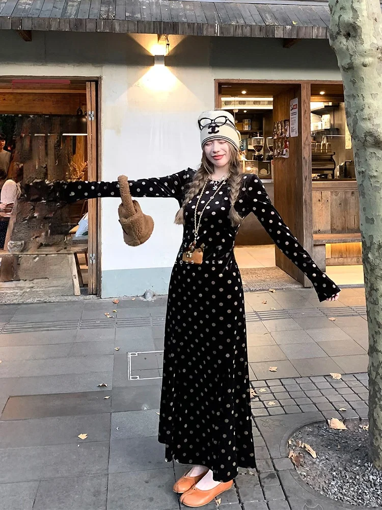 

Bla Velvet Polka Dot Long Sve Knitted Dr Women's Spring Autumn Inner Design Sense Skirt Commute Korean Sle A-Line D...