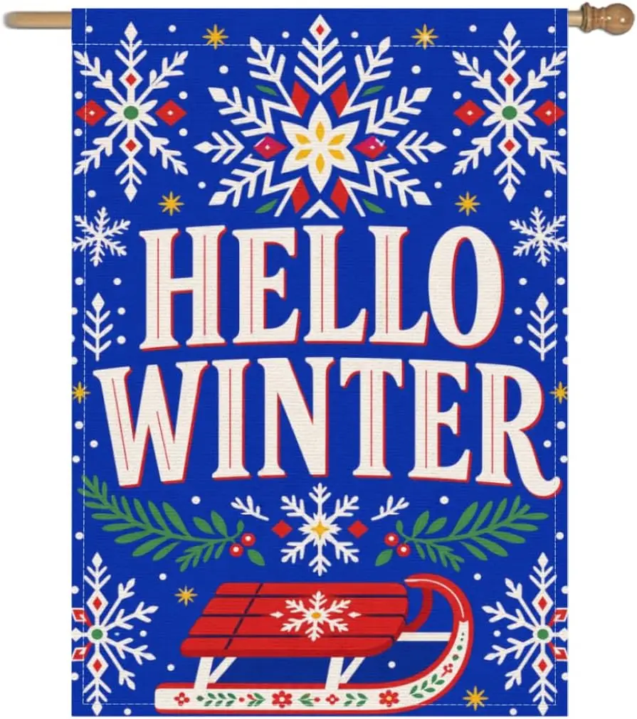 Hello Winter Sled 28x40 Inch Garden Flag Linen Red Snowflakes Yard aaz