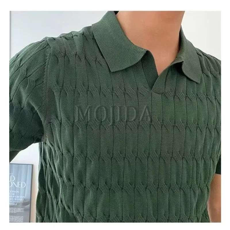 Golf Shirt  Crop Top Summer Sexy V-neck Knitting Men Elastic Force Self Cultivation Lapel Collar Commerce Knitted Short Sleeves