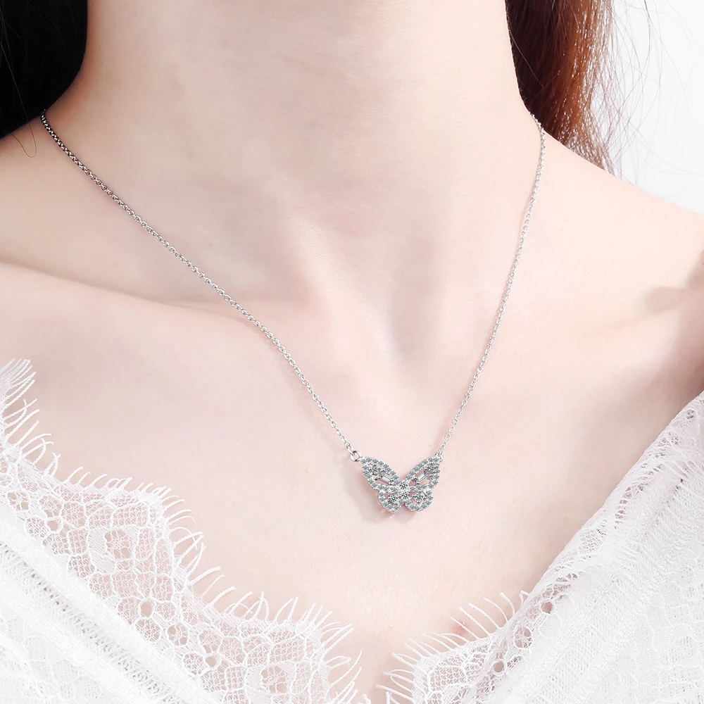 Simulated Moissanite Butterfly Pendant Necklace Women Marquise Cut Diamond S925 Sterling Silver Creative Chain Jewelry Choker
