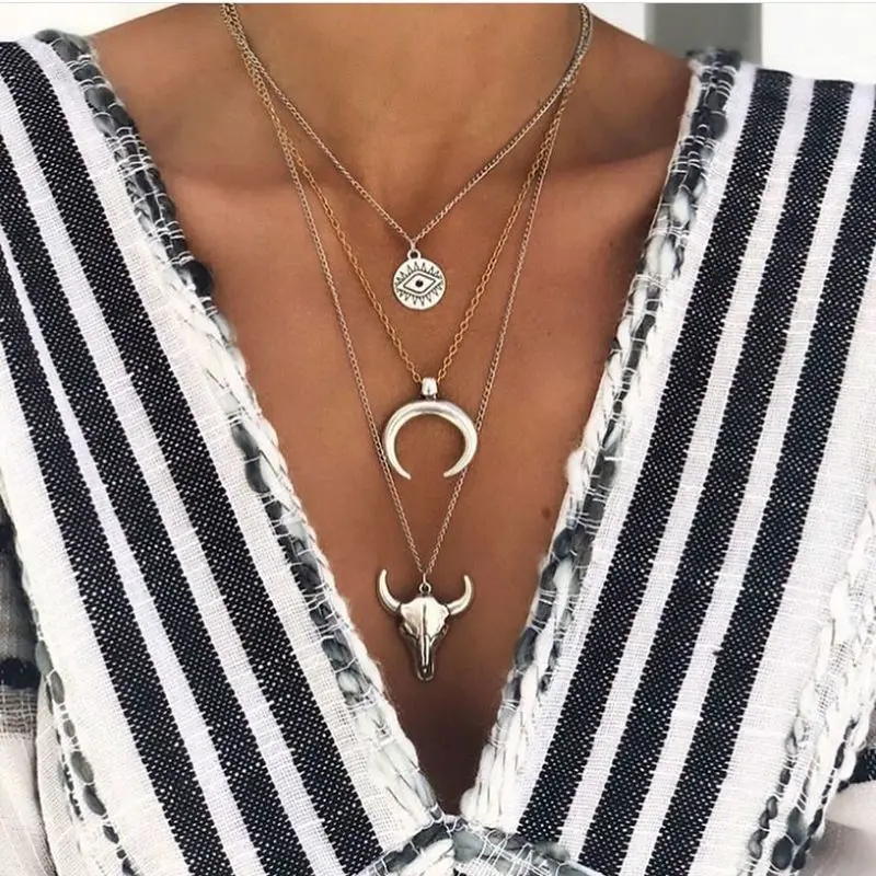 simple alloy bull head geometric disk eyes horn multi-layered Y-shaped necklace short style