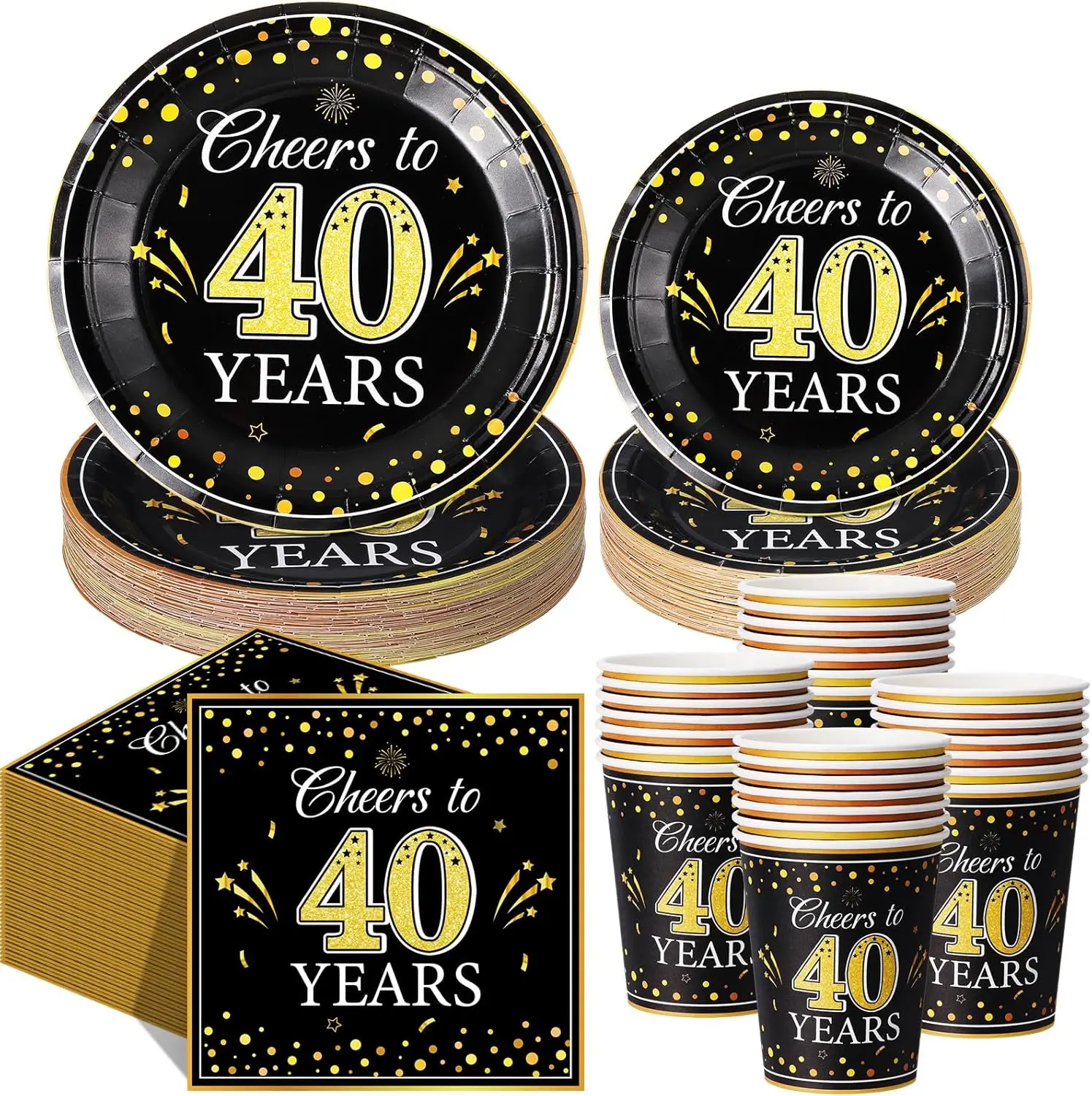 

250 Pcs 40th Birthday Party Supplies Decorations Serve 50 Black Gold Cheers to 40 Years Disposable Paper Plates Napkins