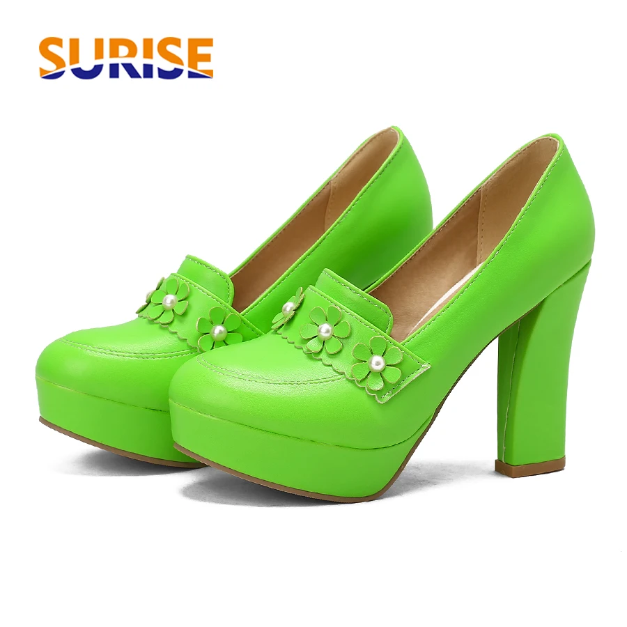 

Sweet Green Flower Platform Pumps Women's High Chunky Heels White Pink Red Microfiber Party Dress Lady Slip On Round Toe Loafers