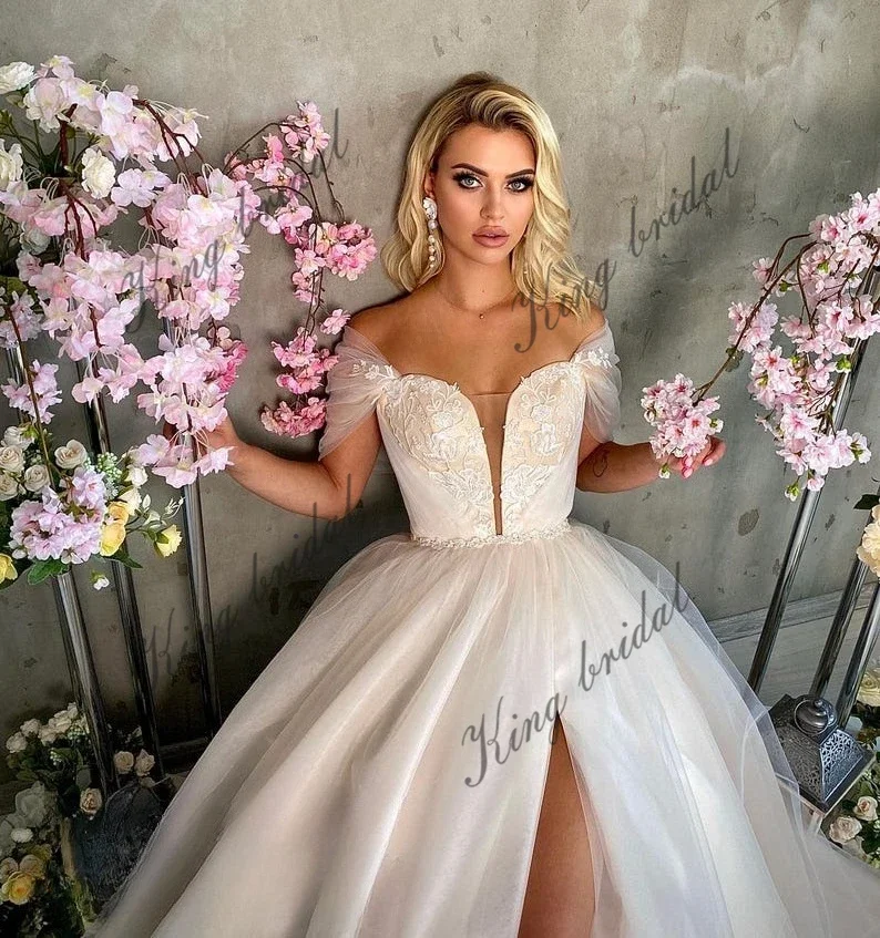 Unique A Line Wedding Dress with Sexy Deep V Neck Tulle Floral Lace Fairy Wedding Dress. Modern Bridal Lace-up Corset Ball Gown