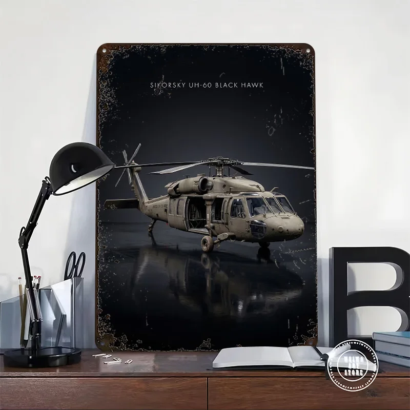 Sikorsky UH-60 Black Hawk Helicopter Tinplate Poster Custom Wall Art Vintage Metal Signs Retro Tin Plaque for Garage Decoration