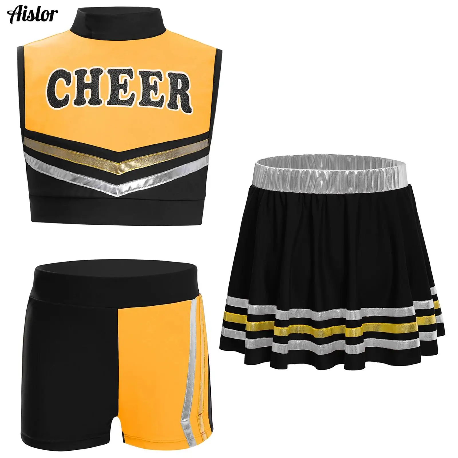 

Kids Girls Cheerleading Dance Ouutfit 3-Piece Letters Printed Crop Top+Metallic Striped Skirt/Shorts for Gymnastics Competition