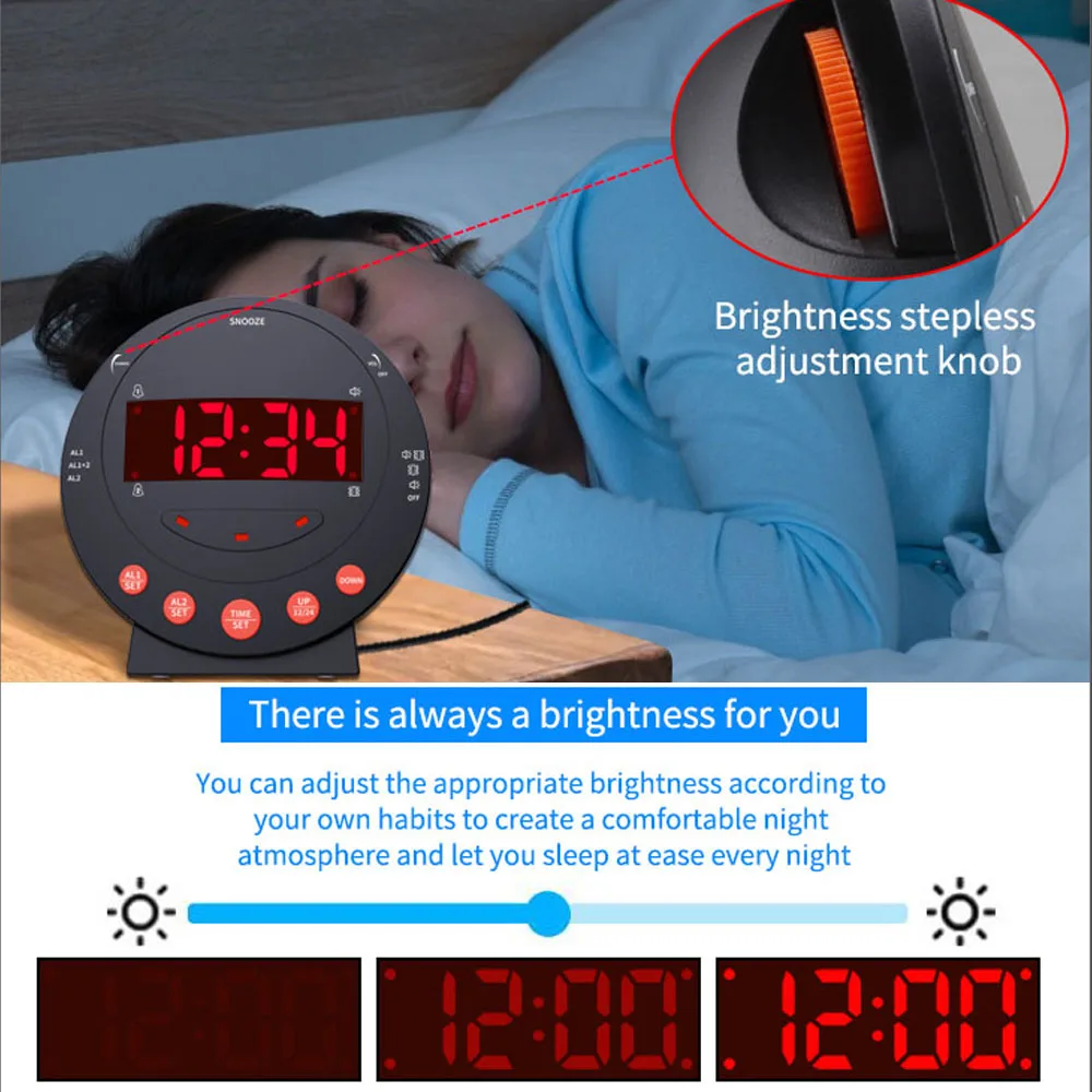 Adjustable Snooze Dual Alarm Setting TS-BC600 LED Display Alarm Clock Loud Vibrating with Bed Shaker Flashlight Brightness USB