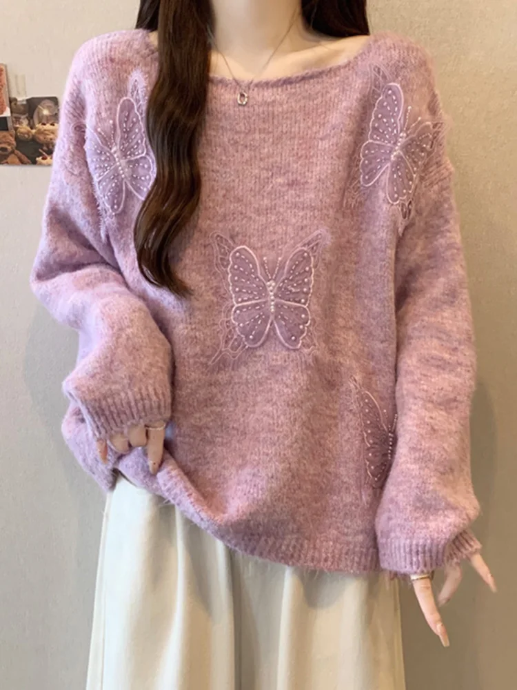 Sweater Kupu-kupu Lucu Manis Wanita O Neck Gaya Preppy Chic Rajutan Pullover Kasual Lengan Panjang Longgar Elegan Jumper Wanita Musim Gugur