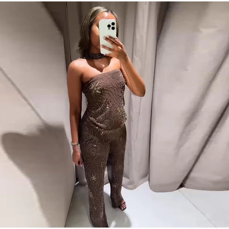 Setelan Vest dan Celana Wanita Bergaya Chic dengan Detail Manik-Manik, Tanpa Lengan, Punggung Terbuka, Crop Top Transparan, Celana Panjang, Pakaian Pesta Musim Panas 2025