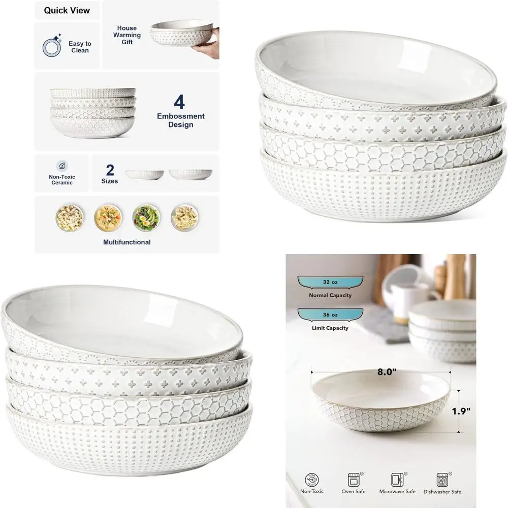 

4-Piece Arctic White Ceramic Pasta & Salad Bowls Set, 8 Inch, Embossed Design, Ideal for Housewarming or Wedding Gifts