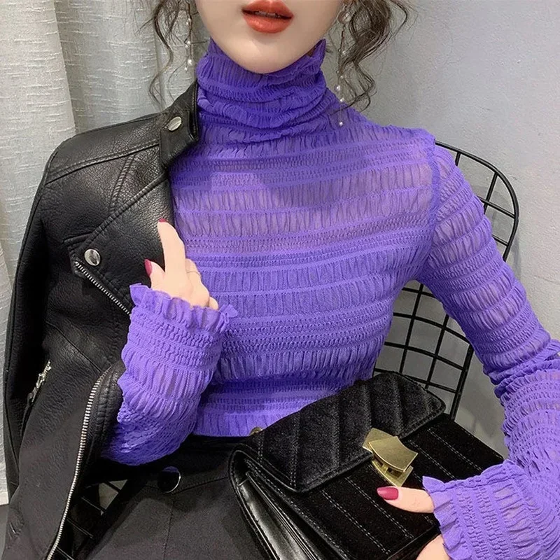 Women Transparent Mesh Shiny T Shirt Club Party Black White Blue Long Sleeve Tee Sexy Thin Female Bottoming Blouses Ladies Tops view 2