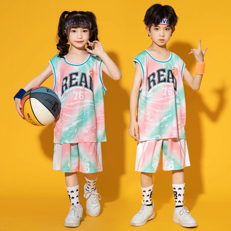 Boys Streetwear Fashion Hip Hop Sport Suit Sleeveless Basketball T-shirt Shorts Jazz Dance Clothing Kids Quick Dry Sportwear