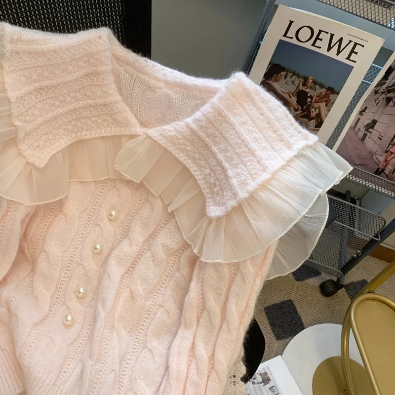 Cute Ruffles Doll Collar Pink Short Sweater Chic Pearl Button Knitted Jumper Pullover 2024 New Spring Long Sleeve Twist Knit Top