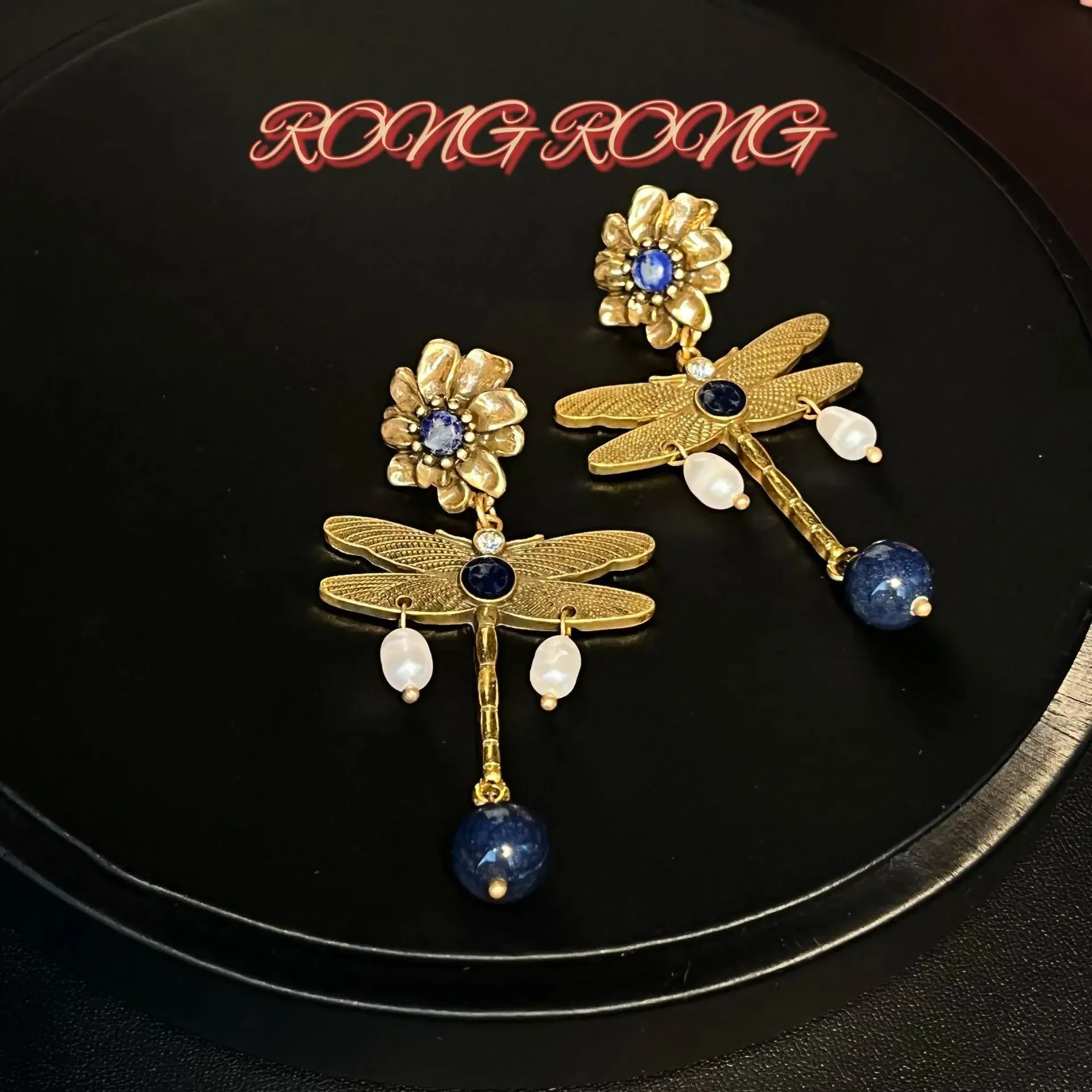 Antique Dragonfly Freshwater Pearl Earrings European and American Retro Personality Lapis Lazuli Exaggerated Vintage Earrings
