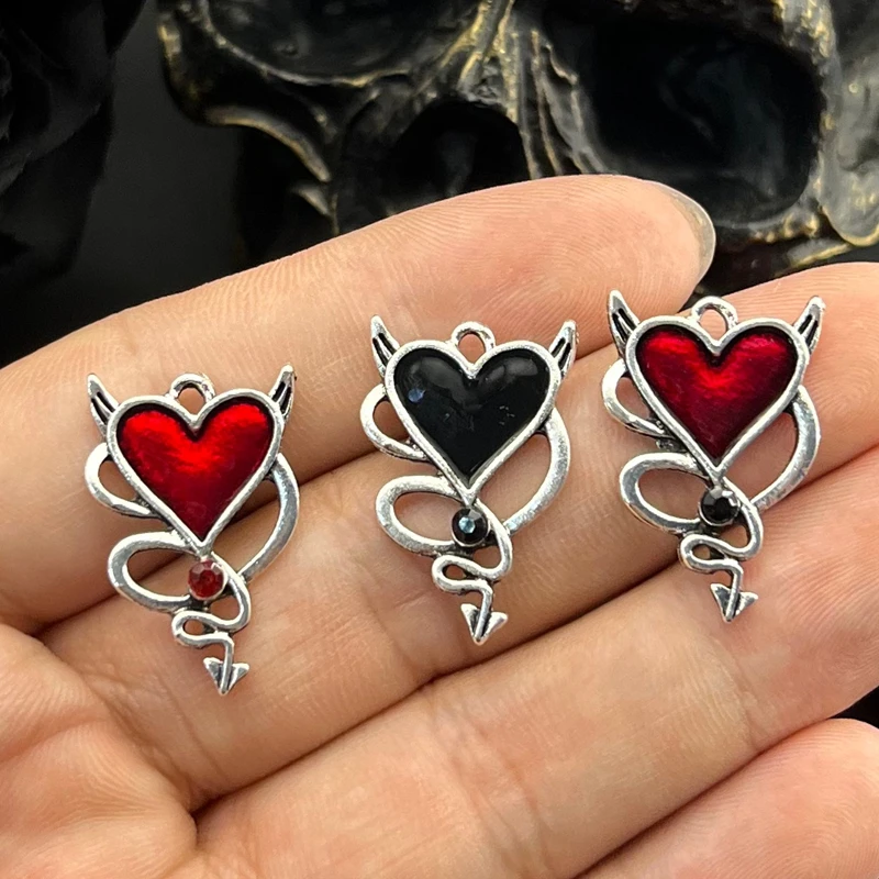 6pcs 28*20mm Gothic Devil Heart Charms Enamel Heart Halloween Charmr Fit Jewelry Making DIY Jewelry Findings