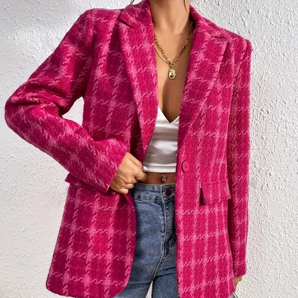 

G41007 Women's Elegant Plaid Suit Jacket Spring Autumn Temperament European American Style Cheque Pattern Fashion