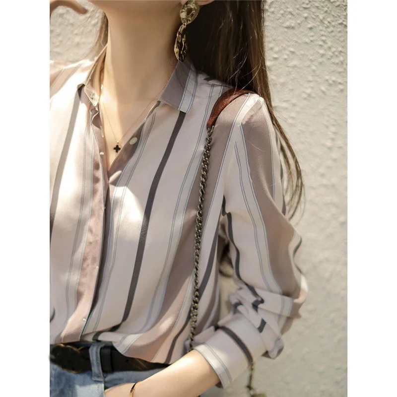 2022 Spring Autumn Women\'s Korean Fashion Striped Print Button Up Shirt Casual Long Sleeve Loose Office Ladies Basic Blouse Tops