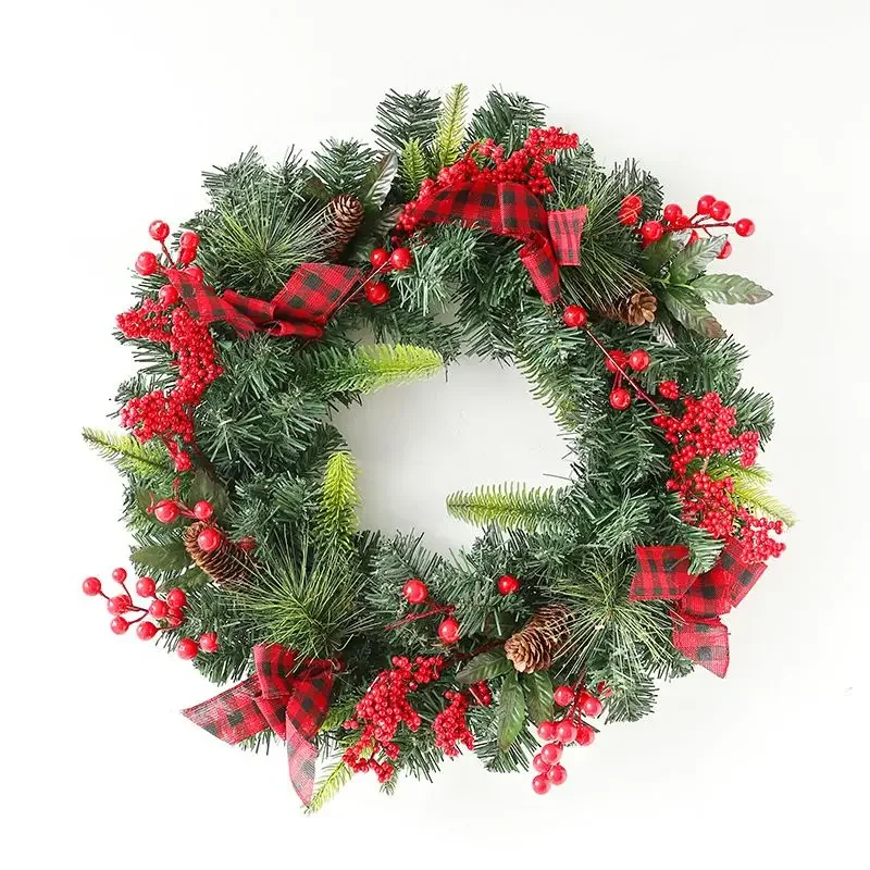 Christmas Wreath Artificial Pine Wreath With Red Berry Pine Cone Buffalo Plaid Bows For Xmas Home Front Door Wall Holiday Decor