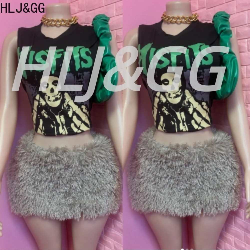 

HLJ&GG Y2K Fashion American Street Letter Print Tshirts Two Piece Sets Women O Neck Sleeveless Top And Fur Mini Skirts Outfits