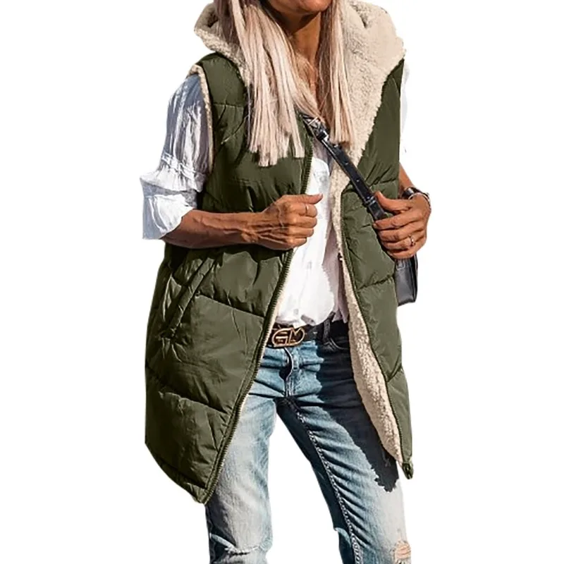 Women's Clothing Solid Warm Hooded Cotton Coat Vest Reversible Slim Elegant Cardigan Outerwear Vest Winter Clothes Women