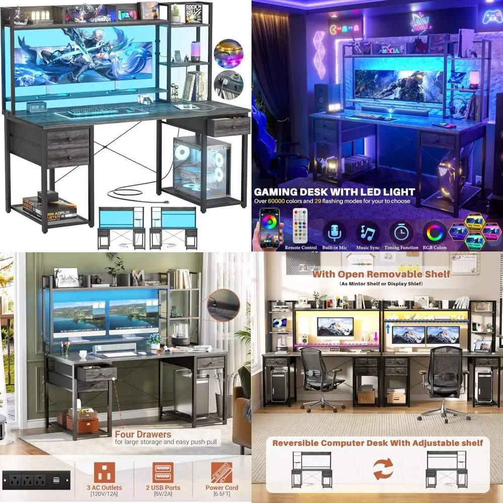 

LED-Equipped Gaming Desk: 55.2 Computer Workstation with Drawers, Reversible Storage Office Desk