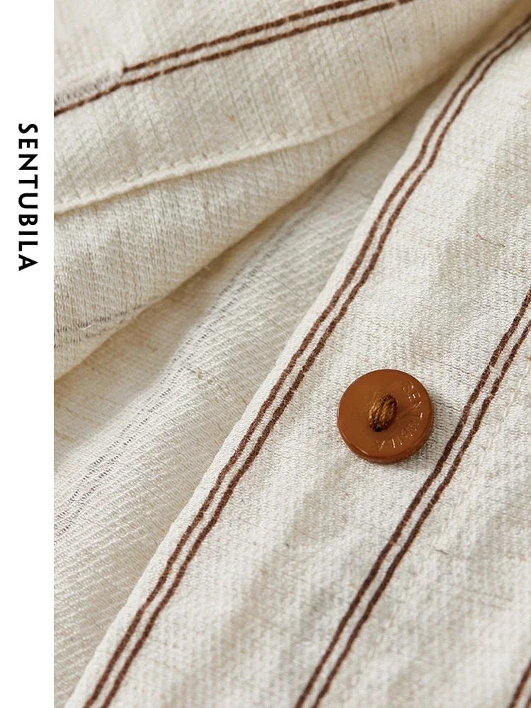 SENTUBILA Women Linen Spliced Striped Shirt  2024 Autumn Casual Loose Turn Down Collar Letter Embroidery  Blouse 143C56024