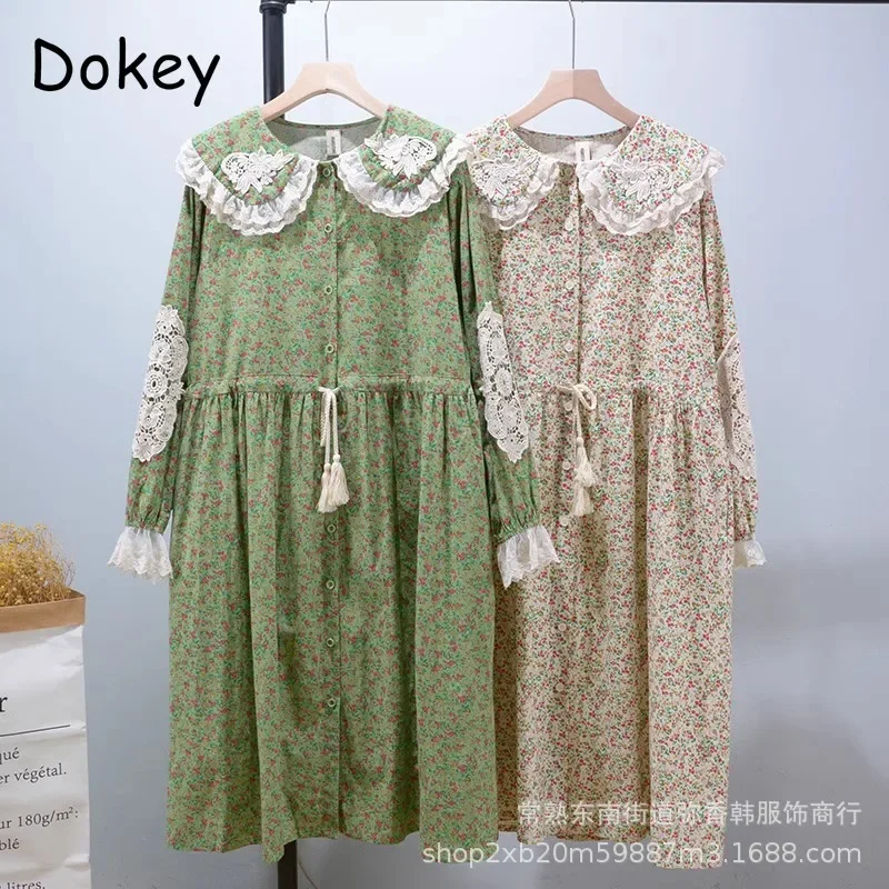 Vintage Lace Patchwork Flower Green Dress Women Japanese Mori Girl Peter Pan Collar Cotton Linen Dress Loose Kawaii Midi Vestido