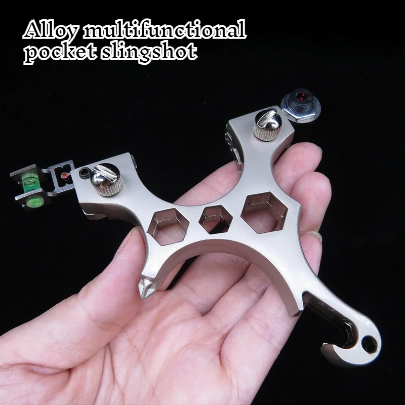 

New 5-in-1 Alloy Flat Leather Slingshot with Multifunctional Sighting Outdoor Screwdriver Wrench Bow