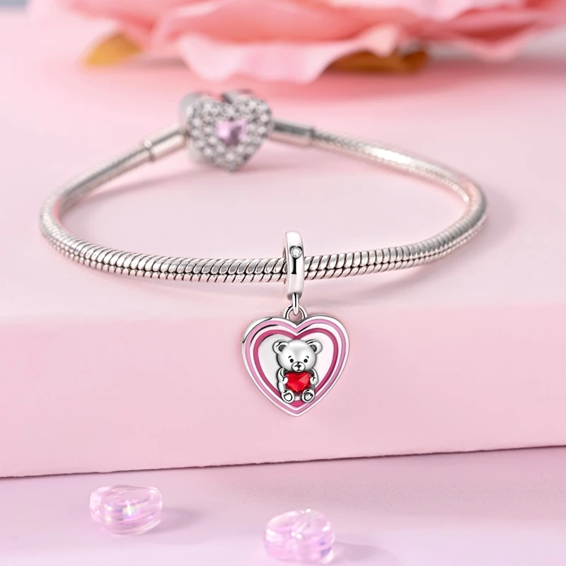 

Новый кулон-шарм «Мишка любви» из стерлингового серебра 925 пробы с блестящими фианитами в форме сердца, подвеска для оригинального браслета, DIY украшение для женщин