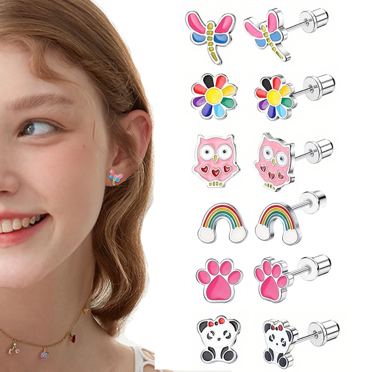 1-6 Pairs Women‘s Earrings Screw Cute Animal Panda Owl Flower Stud Earrings for Kids Best Ideal Gift for Girls Piercing Jewelry