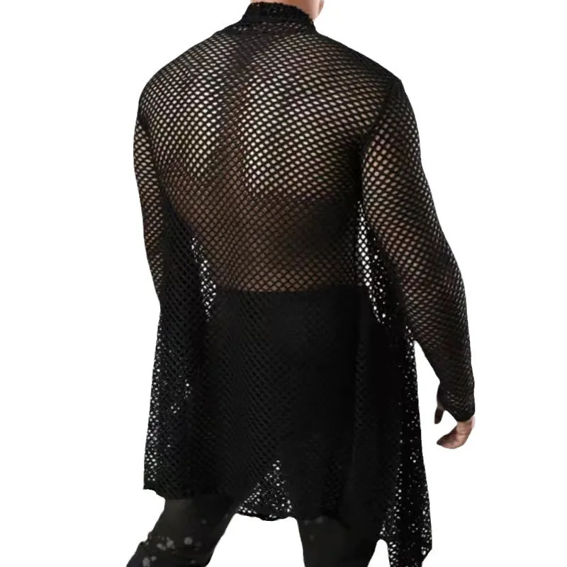 Black Sexy Men's Big Size Shawl Hollow Medium Long Cardigan Mesh See Through Long Sleeve Shirt Top Summer Jacket Mens Shirt New