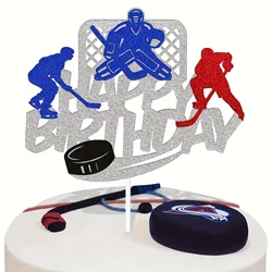 1PC Ice Hockey Cake Topper Happy Birthday Cupcake Decorations for Man Women Sliver Glitter Double Sided Print