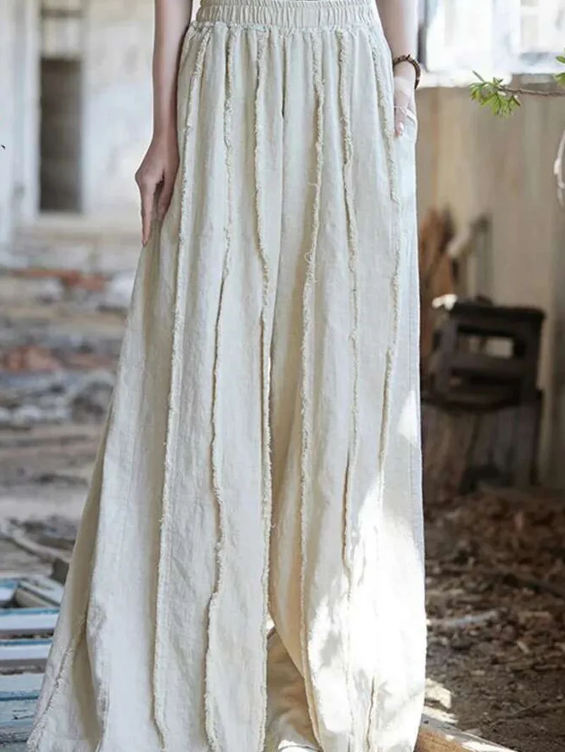 Stitching Wide Casual Leg Pants For Women Elastic High Waist Cotton Linen Trousers With Pockets 2025 Spring New TI50